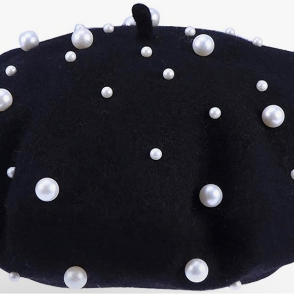 Cashmere Beret (Beaded) in Ivory or Black with White Simulated Pearls main image 13